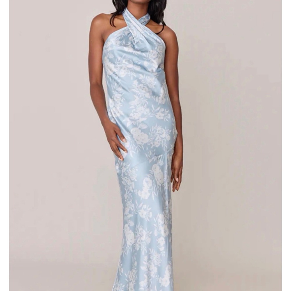 Revelry Skye Satin Floral Halter Maxi Dress Light Blue Cross Front Gown 10